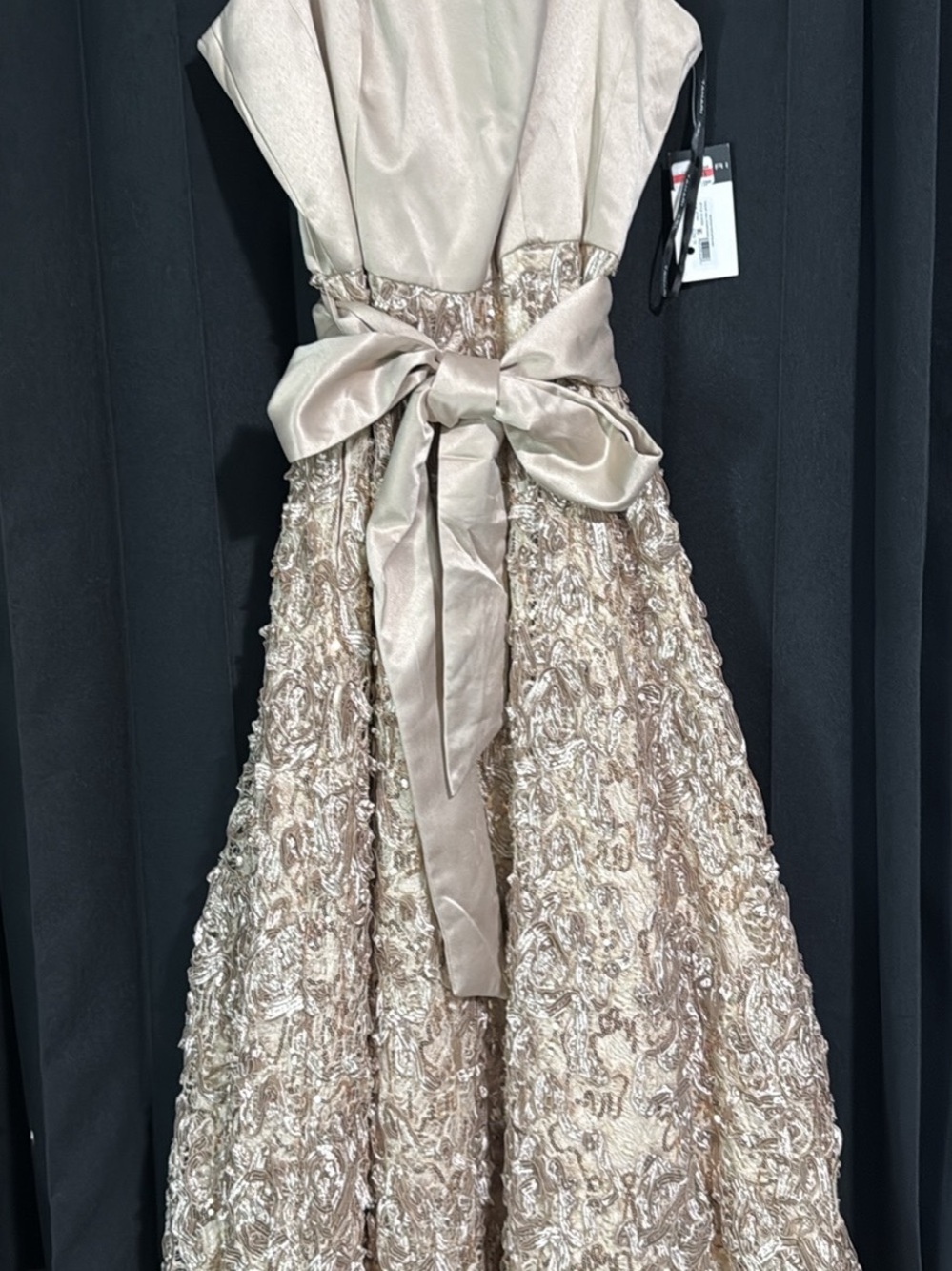 Tahari Woman’s Metallic Champagne Lace Gown with Satin Bow